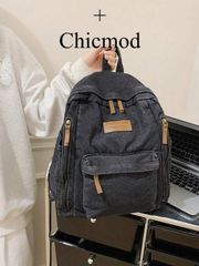 Women's Backpack, Letter Patch Zip Backpack, Washed Lightweight Denim, Stylish Solid Color, Outdoor Commuter Daypack, Large Capacity Laptop Bag, Preppy Versatile School Bag for Middle and High School Students. Suitable for Shopping, Wallets, and Young People.