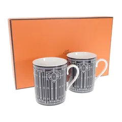 エルメス HERMES アッシュデコ ペアカップ 2客セット 食器 洋食器 マグカップ コップ ポーセリン ブラック 未使用 箱付 ギフト お祝い 贈答用【中古】【Sランク】