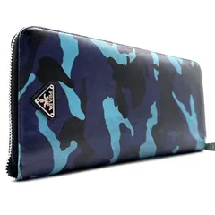 プラダ PRADA オーガナイザー トラベルウォレット 長財布 ラウンドファスナー カモフラ 迷彩 三角ロゴ プレート ネイビー ブルー レザー 夏休み 帰省 お盆 敬老の日 サマーギフト ご褒美