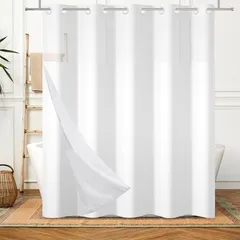 Qinunipoto 白いシャワーカーテン フック不要 90 × 180cm 無地 白いフックレス スナップインライナー付き 2層防水生地 取付簡単 防カビ 撥水速乾 メッシュトップウィンドウ付き 豪華ホテルお風呂用カーテン バス用品 お風呂場適用のサムネイル