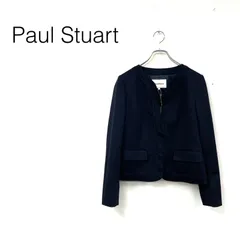 美品タグ付き Paul Stuart ポールスチュアート ウールブレンドノーカラージャケット 無地 パイピング フラップポケット 総裏 size8 ダークネイビー 毛のサムネイル