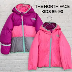 【美品】ノースフェイス　THE NORTH FACE　550フィル　リバーシブルダウンジャケット　キッズ　ベビー　85　90　1歳半　2歳　ピンク　パープル　紫　グースダウン　袖ミトン付き　ロゴ刺繍　韓国　古着のサムネイル