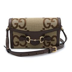 Gucci 699296 Horsebit 1955 Mini Jumbo GG Canvas Leather Brown Beige Shoulder Bag, Crossbody, Gold Hardware, with Box (Brand New, Unused)