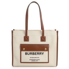 Burberry 8044138 Small Freya Tote, Cotton Canvas, Calfskin, Natural Tan Brown Tote Bag, Leather, Gold Hardware (Unused, Display Item)