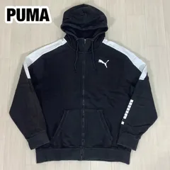 PUMA プーマ プリントロゴ ジップアップパーカー フルジップ size XL ブラック× ホワイト 黒 白 裏地パイル 着丈66cm ゆき丈82cm 身幅(脇下)59.5cm ラグランスリーブ【古着】のサムネイル