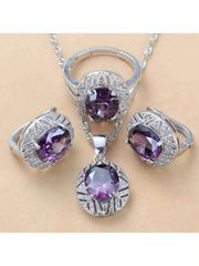 Ladies' Jewelry Set: 925 Sterling Silver/18K Gold Plated Fashion Wedding Jewelry Set (4 pieces): Colorful Cubic Zirconia Earrings, Pendant, Ring, Bridal Accessories, Christmas, Thanksgiving, Birthday Gift for Women