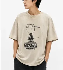 新品　26年春夏　新作　LUMBER　チャーリーブラウン　フィッシング　Tシャツ　Vintage PEANUTS　ヴィンテージ　　ピーナッツ　スヌーピー　古着加工　アメカジ　男女共用　メンズ　レディース　アウトドアファッション　お洒落　希少　レア　プレゼントのサムネイル