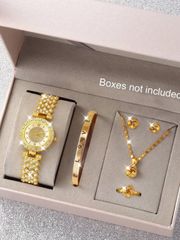 Ladies' Watch Set & Jewelry Set (6 Pieces): Rhinestone-embellished Student Chain Watch, Quartz Watch, Bracelet, Necklace, Earrings, Ring - Romantic and Artistic Ladies' Watch Set Perfect for Everyday Wear, Parties, and Gatherings