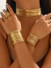 Women's Jewelry Set, 4-Piece Set: Vintage Exaggerated Metal Wire Wrap Necklace, Bracelet, and Ring Set. Fashionable Minimalist Metal Bracelet, Ring, and Necklace Adjustable Jewelry Set for Women's Daily Wear, Vacations, and Parties.