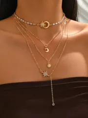 ジュエリー レディース ネックレス セット ファッショナブルなゴールドトーンの星&ムーンデコレーションアクセサリー4点セット、ラインストーン付きレイヤードペンダントネックレス、エレガントな女性用ジュエリー、デイリーウェア、外出、デートに適しています