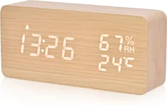 Electime デジタル目覚まし時計 木製置き時計 LED時間表示3目覚まし時計設定 USB給電 き湿度と温度検出電子時計、寝室、ベッドサイドテーブル、机、オフィス、子供、家族に適しています (ナチュラル)のサムネイル