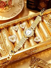 Ladies' Watch Set: Elegant and fashionable round dial quartz watch with rhinestone inlay, necklace, earrings, and ring jewelry set. Perfect for everyday wear, birthday gifts, back-to-school gifts, Thanksgiving gifts, and couples' presents.