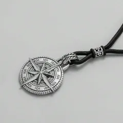 ジュエリー メンズ ネックレス ペンダントネックレス 1個 ヴィンテージ加工コンパスペンダントネックレス、レザーコードネックレス、アメリカンヒップホップスタイルのサムネイル