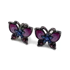 ANNA SUI アナスイ ピアス バタフライ 蝶 金属素材 ラインストーン シルバー パープル マルチ 片方キャッチ欠品 【FJ2】のサムネイル