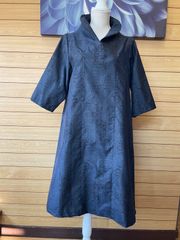 正絹大島紬着物リメイク ロールカラーチュニックワンピース 紺緑系亀甲