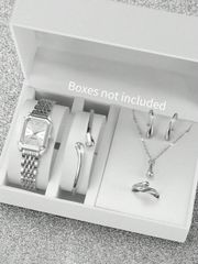 Ladies' Watch Set - 6-Piece Gift Watch Set - Fashionable Casual Square Roman Numeral Dial Elegant Quartz Watch + Waterdrop Jewelry Set (Watch Box Excluded)