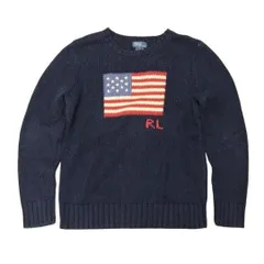 POLO Ralph Lauren 90s コットンニット 星条旗 サイズL ネイビー ポロ ラルフローレン 中古品▲(134)のサムネイル
