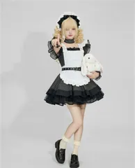 メイド服  ワンピース レディース　5点セット コスチュームセット ストライプ ゴスロリ ロリータ コスプレ衣装 リボン フリル レース ゴシック 地雷系　Y2K 喫茶店 遊園地 ハロウィン