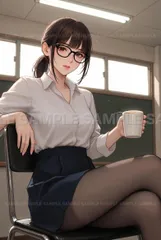 【AIアート】【清楚系美少女】 メガネ女子 授業中の一コマ コーヒーブレイク 制服風ミニスカ X3447
