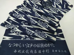 平和屋着物＊夏物　浴衣　反物　着尺　綿絽　無形文化財 長板中形　舞花　紺地　島田染工場謹製　三越扱い　綿　逸品　未使用　DABH2714zzzのサムネイル