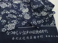 平和屋着物＊夏物　浴衣　反物　着尺　綿絽　無形文化財 長板中形　瓢箪に花　紺地　島田染工場謹製　三越　綿　逸品　未使用　DABH2715zzzのサムネイル