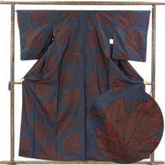 紬 身丈160cm 裄65cm 前幅23.5cm 後幅30cm 袖丈54cm 袖幅34cm レディース 袷 植物 裄Mサイズ 秋冬春用 正絹（シルク）ネイビー 美品 大島紬 リメイク リユース リサイクル【呉服のきくや】のサムネイル