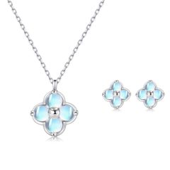 Moonstone Necklace and Earrings for Women, Clover Design, "A Lucky Charm," Sterling Silver 925, Hypoallergenic, June Birthstone, Birthday Gift, Accessory