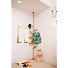 衣類や小物をすっきり収納 突っ張りハンガーラック H200~275cm WOOD 北欧風 フック5本・トレイ付きのサムネイル