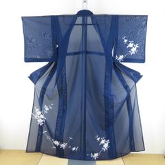 小紋 霧に花模様 ぼかし染め 青xピンク 箔入り 紗綾形地紋 金x銀 袷