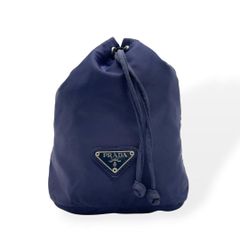 PRADA プラダ 巾着ポーチ バニティ バッグ ナイロン 三角ロゴ ネイビー