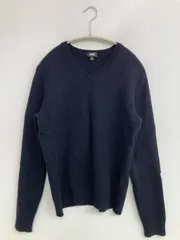 UNIQLO ユニクロ ニット/セーター L ネイビー ウール・ニット 無地 ミドル丈 長袖 Vネック メンズ