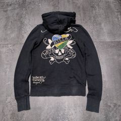 Ed Hardy Double Zip Hoodie Women's M Black Skull Rhinestone エド