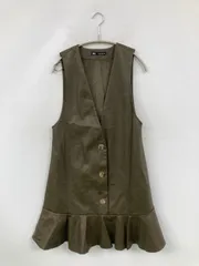 ZARA ザラ ジャンパースカート USA S カーキ 合成皮革/人工皮革 無地 フリル ショート・ミニ丈 フレア レディース