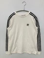 adidas アディダス Tシャツ/カットソー S ホワイト 無地 ブランドロゴ ライン柄 ミドル丈 ショート丈 長袖 クルーネック(丸首) メンズ レディース