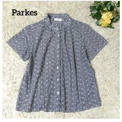 美品　Parkes 　パークス　ギンガムチェック 刺繍　エンブロイダリー 半袖ブラウス　スタンドカラー　バンドカラー　フリル　黒　ブラックのサムネイル