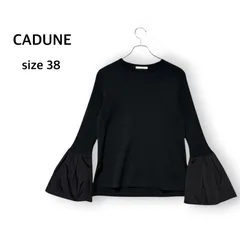 カデュネ CADUNE 異素材 切り替え ニット プルオーバー トップス セーター フレア袖 ベルスリーブ 長袖 クルーネック 黒 ブラック サイズ38 M きれいめ 上品 エレガント オフィス フェミニン トレンドのサムネイル