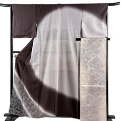 絽正絹 夏着物・帯セット 源氏香柄 暈し染め 縞文様 居敷当て付き