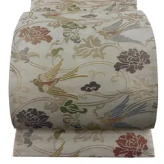 【美品】 袋帯 逸品 洛風林 落款 花唐草 鳥 箔 ベージュ 六通 正絹 【中古】のサムネイル