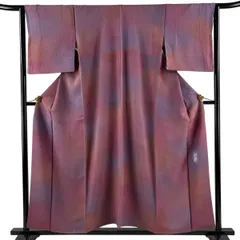 【美品】 小紋 身丈155cm 裄丈64.5cm M 袷 斉藤三才 落款 地紋 ぼかし 縮緬 赤紫 正絹 名品 【中古】のサムネイル