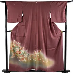 色留袖 身丈157cm 裄丈66.5cm M 袷 松井青々 落款 花籠 牡丹 金糸 刺繍 小豆色 正絹 名品 三つ紋 【中古】のサムネイル