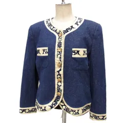 【クーポン配布中】定価20万円☆LEONARD レオナール シルクデニム ノーカラージャケット シルク100％ 金ボタン トリム柄 レディースのサムネイル