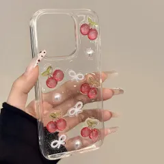 iphone 14 用 ケース チェリー リボン 立体 キラキラ ラメ クリア 韓国 かわいい いphoneケース 人気スマホケース デコ ストラップホール付き おしゃれ ランキング シンプル 透明 薄型 アイフォンケース TPU 携帯カバーのサムネイル