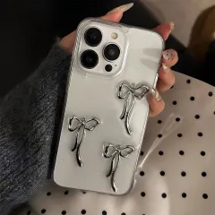 iPhone 14 用 ケース クリア ラメ入り きらきら リボン シルバー 立体的 韓国 かわいい りぼん デコ デザイン ギャル 人気スマホケース 透明 可愛い オシャレ シンプル ribbonのサムネイル