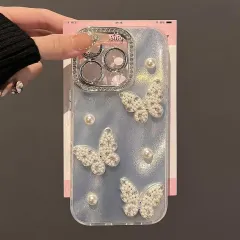 iPhone 14 用 ケース キラキラ 蝶々 パール 立体 韓国 かわいい オーロラ ゴージャス 綺麗 人気スマホケース レディース バタフライ オシャレ シンプル 光沢カバー 派手のサムネイル