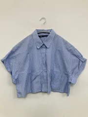 ZARA ザラ シャツ/ブラウス L スカイブルー ストライプ柄 ショート丈 半袖 レギュラーカラー レディース