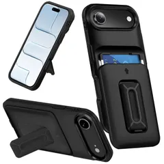 対応 iPhone 17 Air 用 ケース カード収納 耐衝撃 TPU+PC アイフォン17Airスマホケース 米軍MIL規格取得 ICカード収納 スタンド機能 縦横両対応 レンズ保護 擦り傷防止 滑り止め 落下防止 指紋防止 全面保護カバー (ブラック)のサムネイル