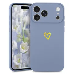 Wirvyuer iPhone 17 Pro Max 用 ケース 可愛い ハート おしゃれ かわいい カメラ保護 シンプル スマホケース 女性 女の子用 軽量 耐衝撃 ストラップホール付き アイフォン17 Pro Max対応 スマホカバー(ブルーグレー)のサムネイル