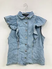 ZARA ザラ シャツ/ブラウス S ブルー レギュラーカラー 袖なし 無地 フリル デニム コットン ショート丈 レディース