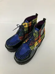 YOSUKE ヨースケ ブーツ L 合成皮革/人工皮革 チェック柄 ワンポイント ショート レースアップ 紐 ジップアップ 太ヒール 厚底 プレーントゥ レディース