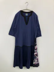 IS SCOLAR イズスカラー ワンピース M ネイビー コットン 無地 花柄・ボタニカル柄 長袖 半端袖 ミモレ・半端丈 フレア プリーツ レディース